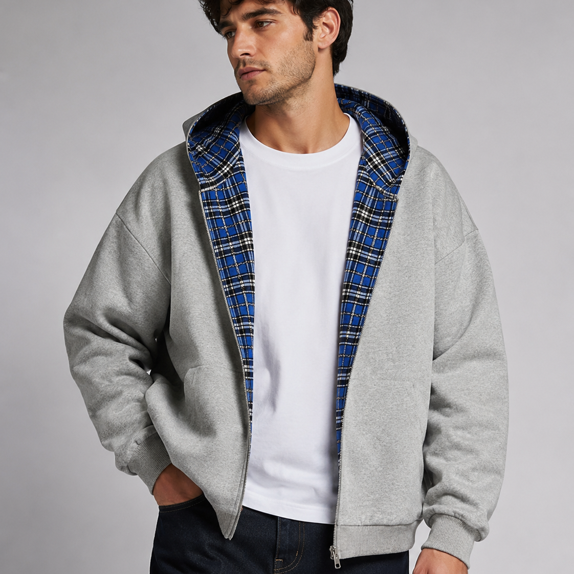 Bluza damska – z kapturem, luźny krój, zamek, na jesień i zimę