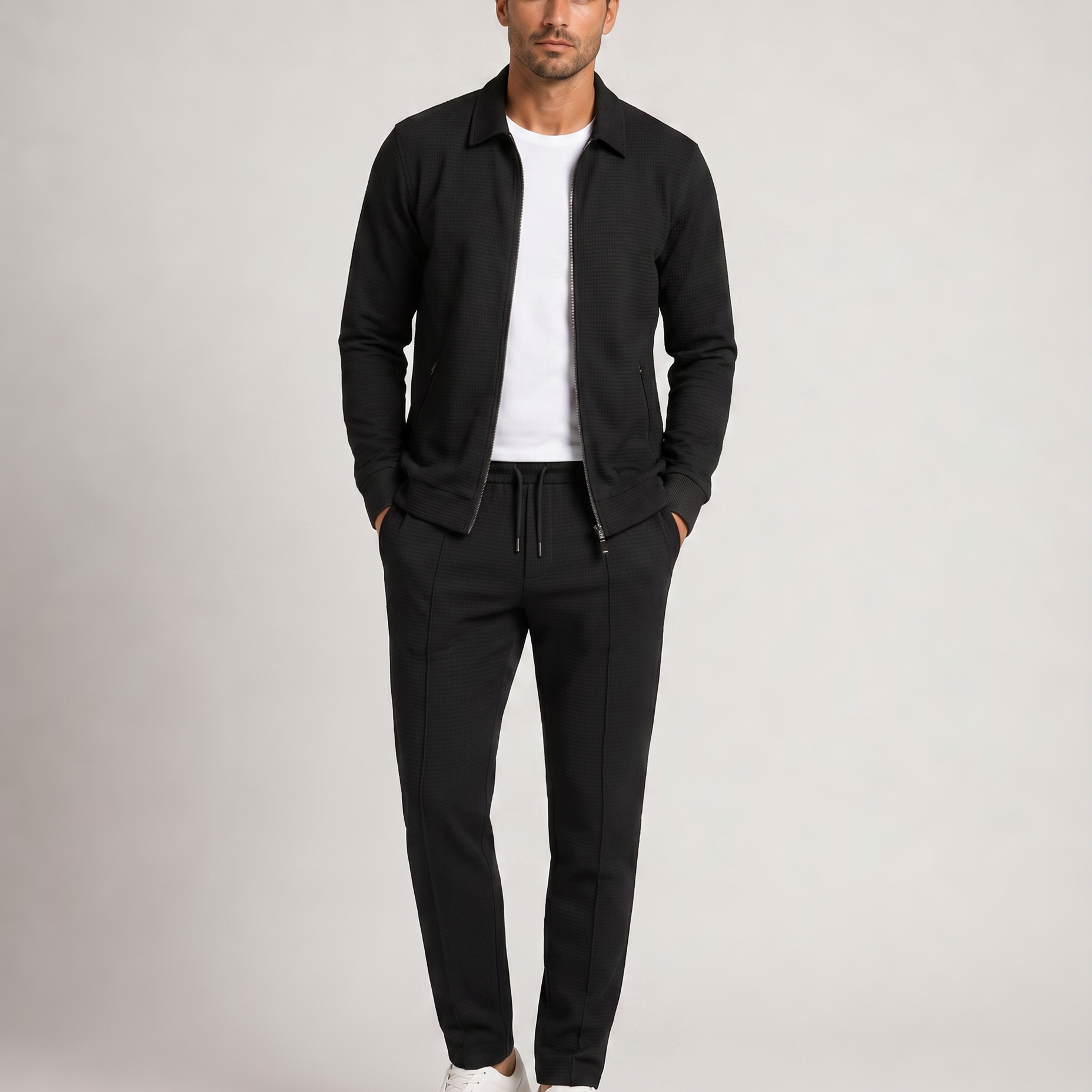 Dwuczęściowy komplet sportowy – bluza zapinana na zamek, nowoczesny casual, codzienny komfort