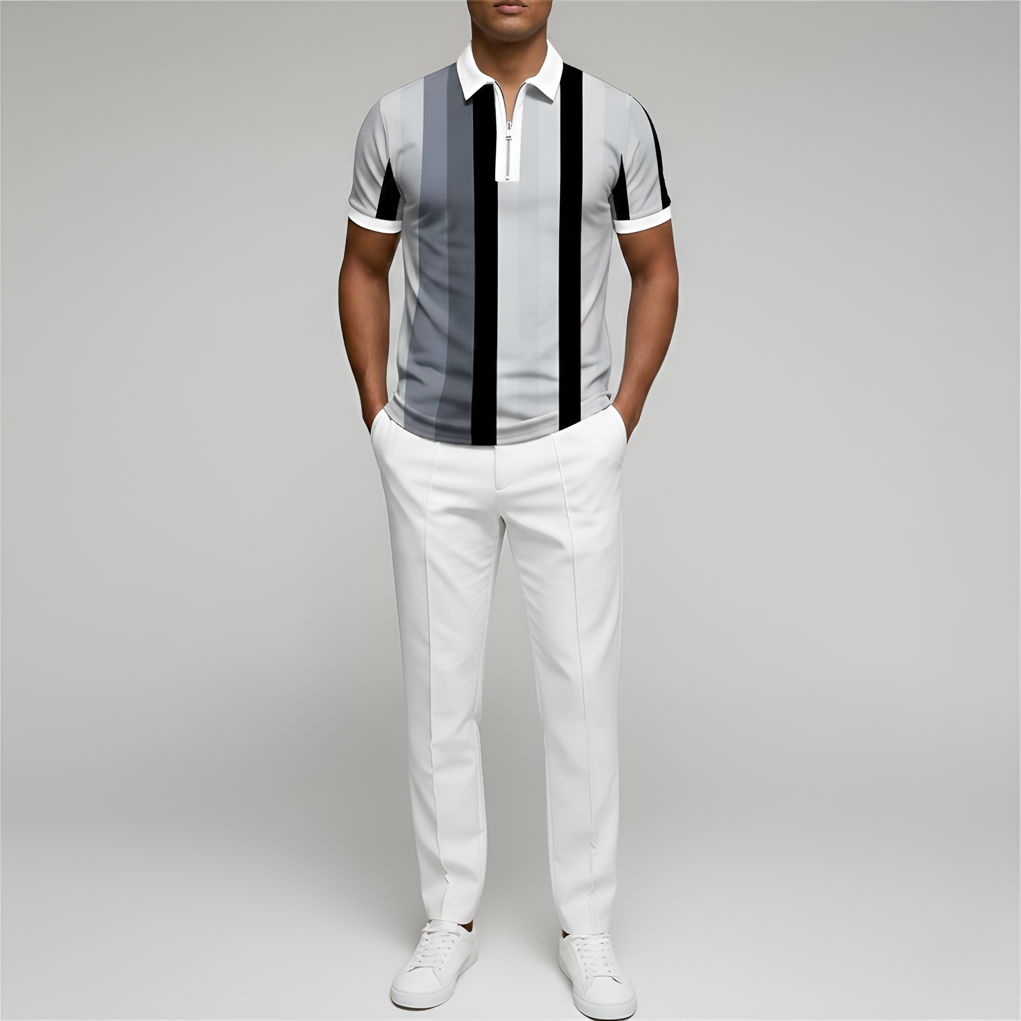 Damian | Polo z Zamkiem Slim Fit – Krótki Rękaw i Paski w Nowoczesnym Stylu