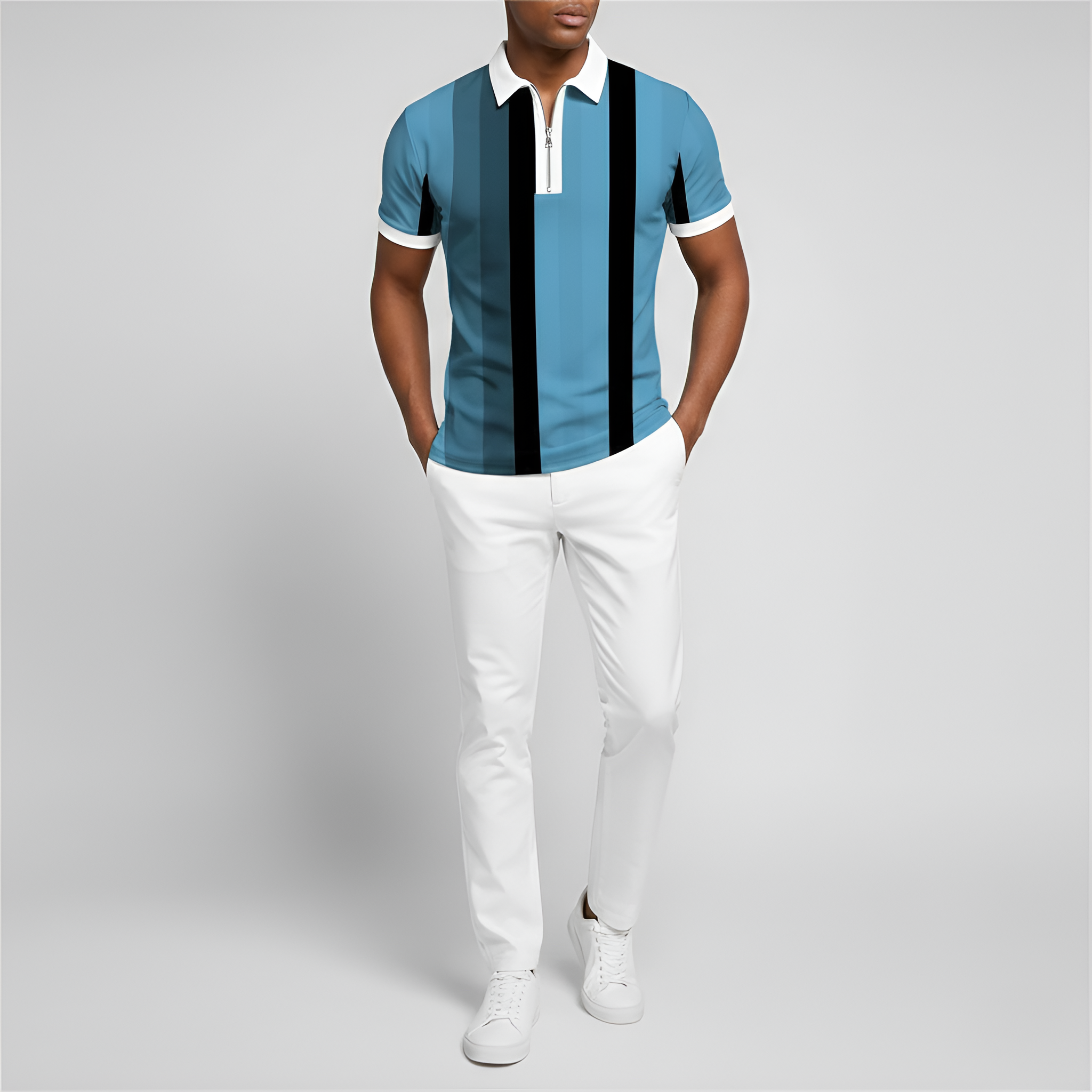 Damian | Polo z Zamkiem Slim Fit – Krótki Rękaw i Paski w Nowoczesnym Stylu