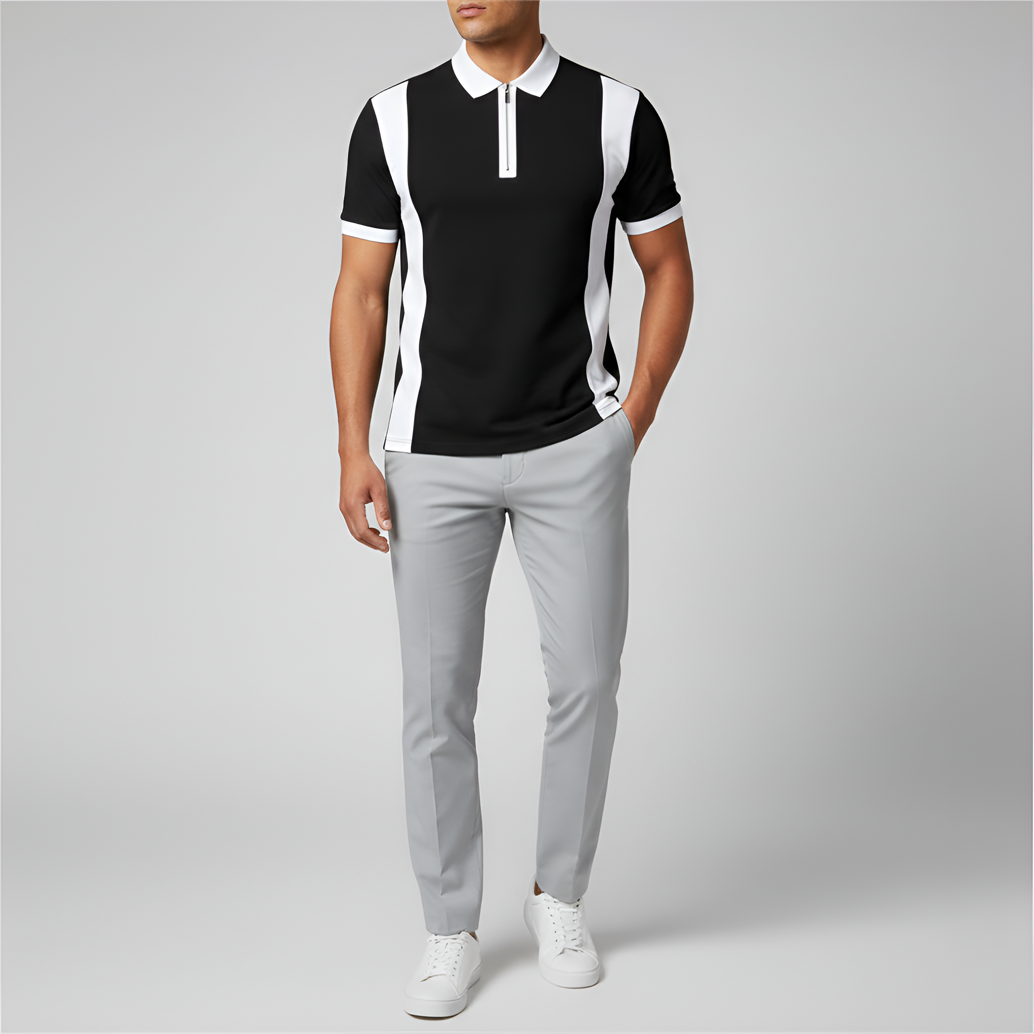 Damian | Polo z Zamkiem Slim Fit – Krótki Rękaw i Paski w Nowoczesnym Stylu
