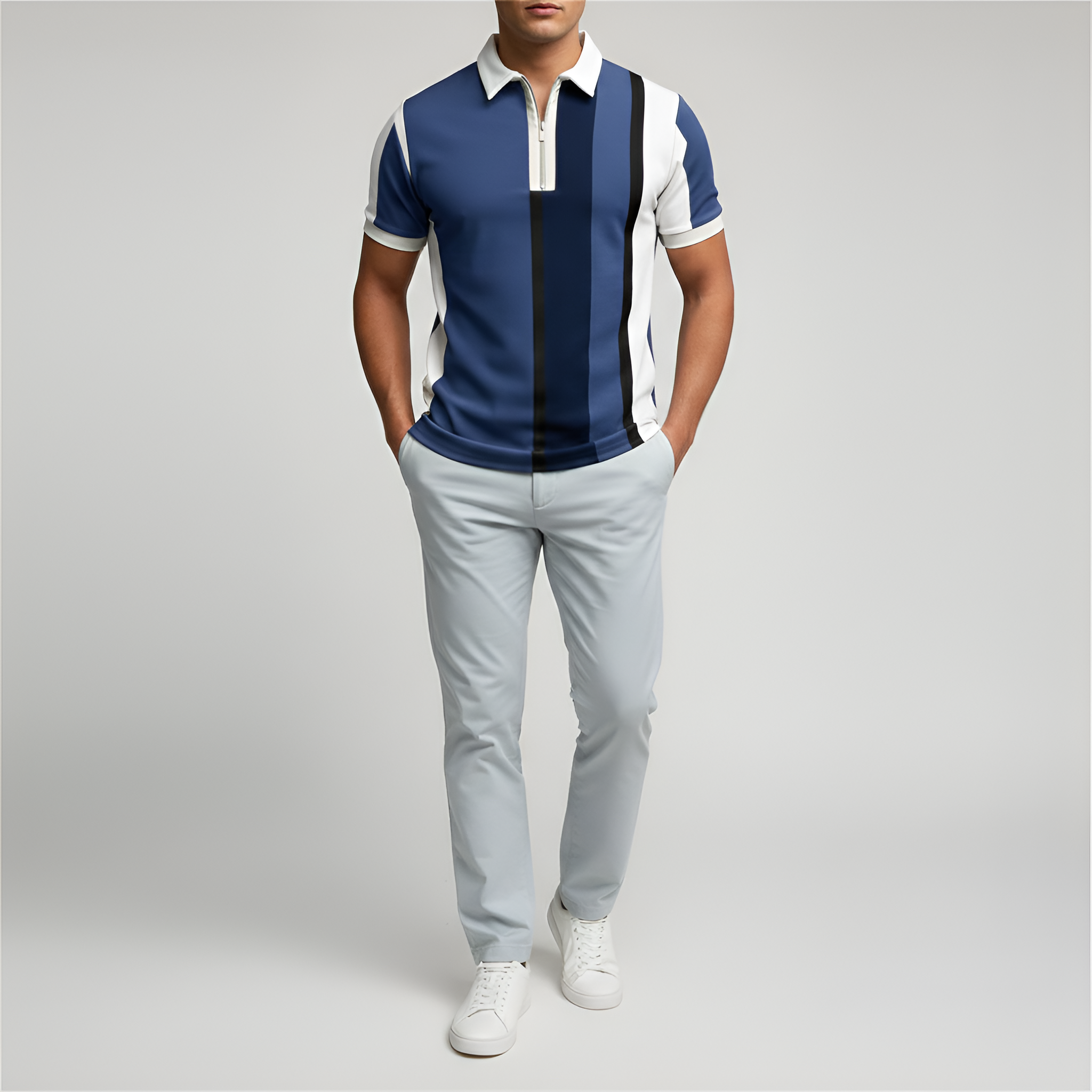 Damian | Polo z Zamkiem Slim Fit – Krótki Rękaw i Paski w Nowoczesnym Stylu