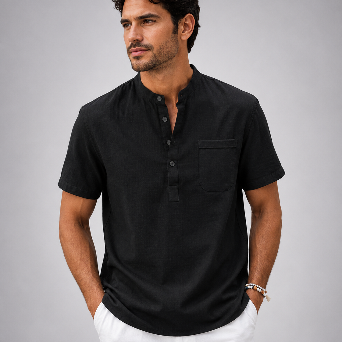 Koszula Henley – Krótki Rękaw, Kieszonka, Luźny Krój na Wakacje i Co Dzień