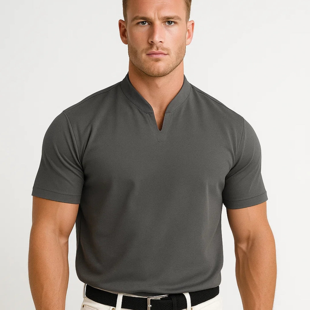 Koszula Slim Fit z Bawełny – Dekolt w Serek, Krótki Rękaw, Na Co Dzień
