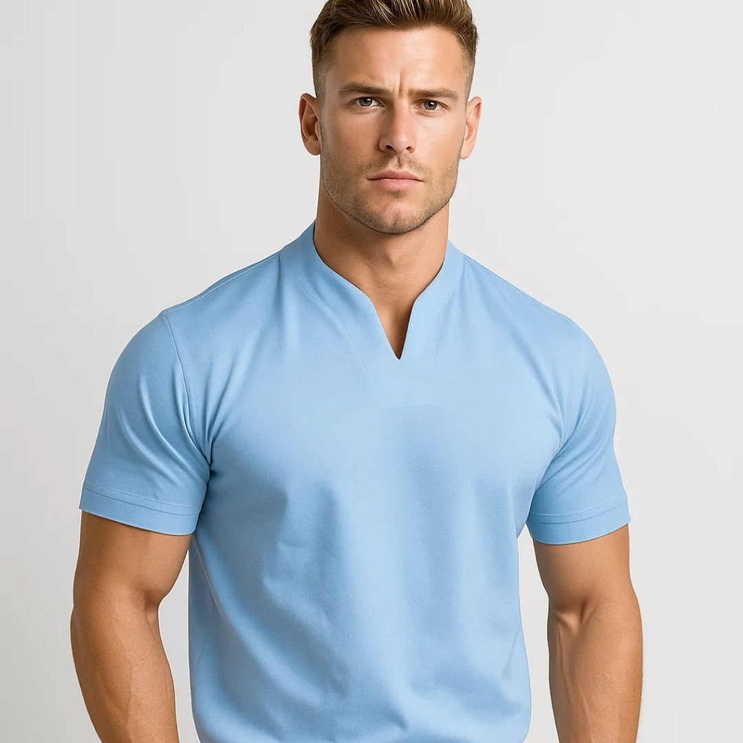 Koszula Slim Fit z Bawełny – Dekolt w Serek, Krótki Rękaw, Na Co Dzień