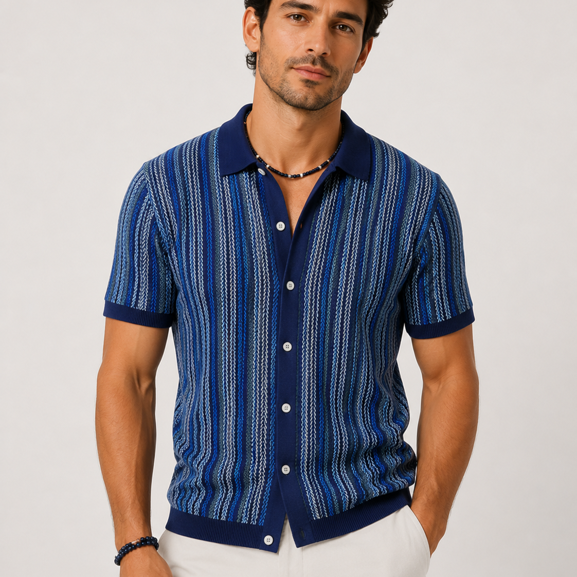 Koszulka polo męska dzianinowa w jodełkę – wzór strukturalny, slim fit, na co dzień i biuro