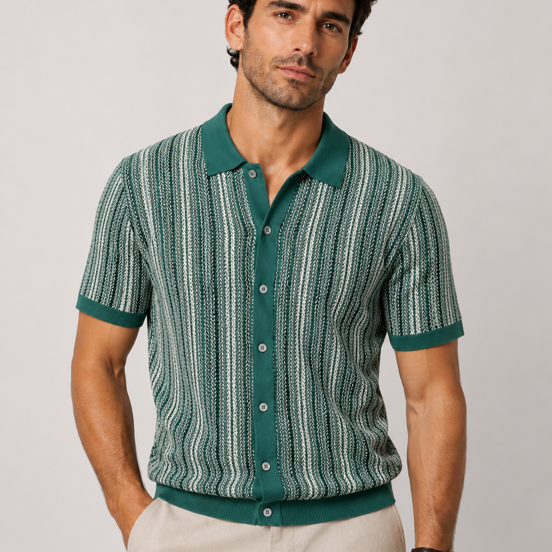 Koszulka polo męska dzianinowa w jodełkę – wzór strukturalny, slim fit, na co dzień i biuro