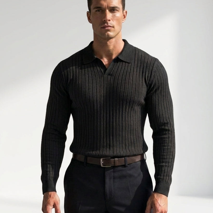 Męski sweter polo – Prążkowana dzianina, Krój slim fit, Na co dzień i do pracy