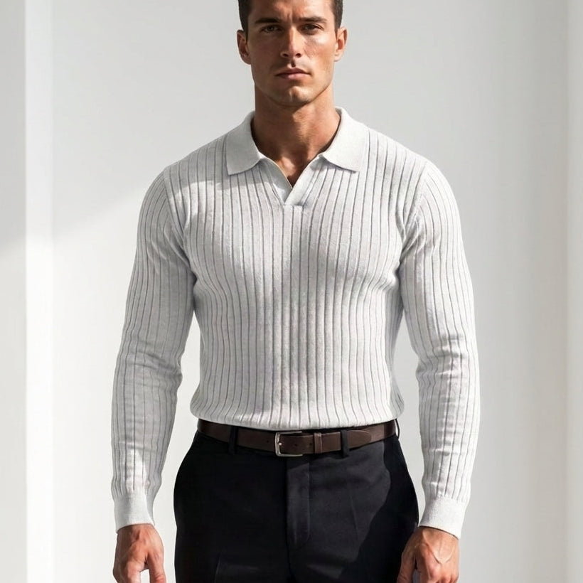 Męski sweter polo – Prążkowana dzianina, Krój slim fit, Na co dzień i do pracy