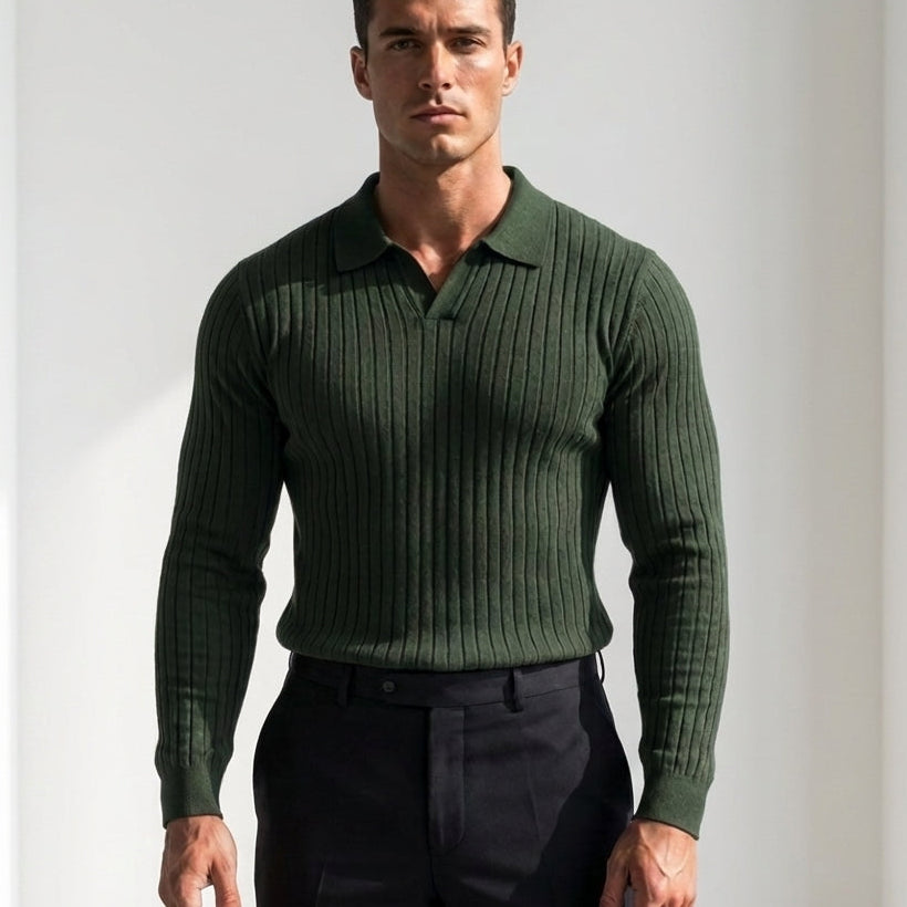 Męski sweter polo – Prążkowana dzianina, Krój slim fit, Na co dzień i do pracy