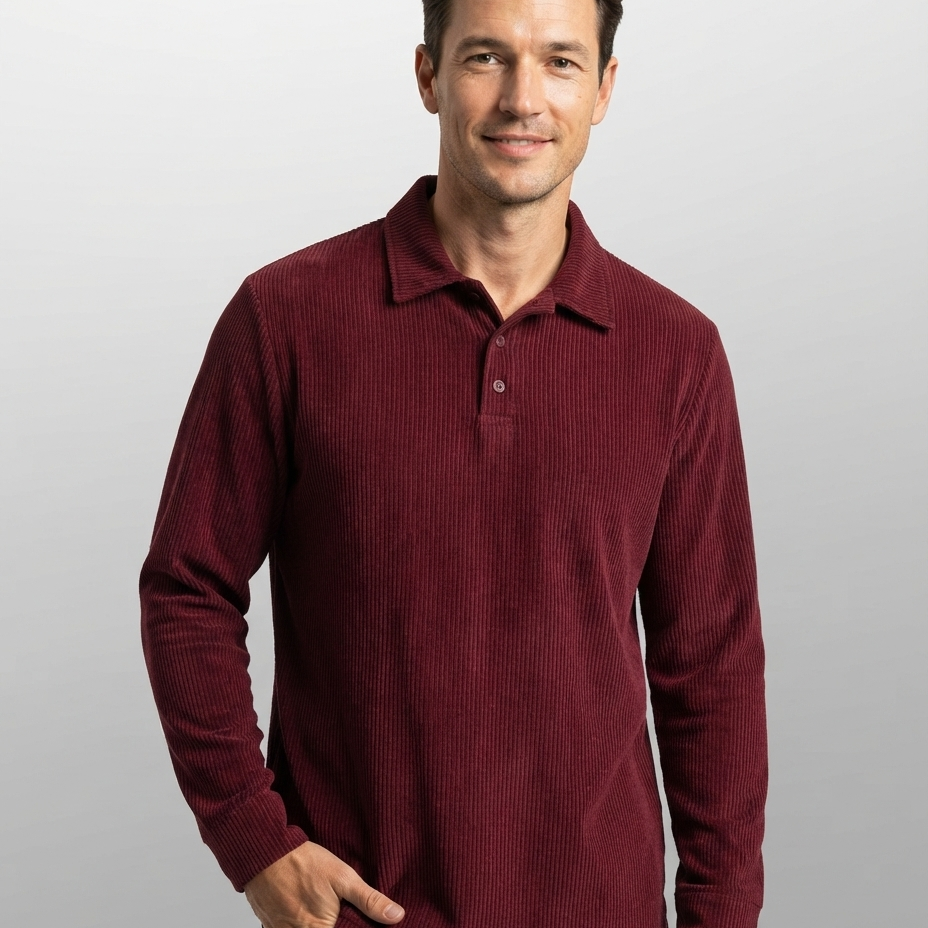 Męska koszulka polo z prążkowaną teksturą – Elastyczny krój, długi rękaw, smart casual