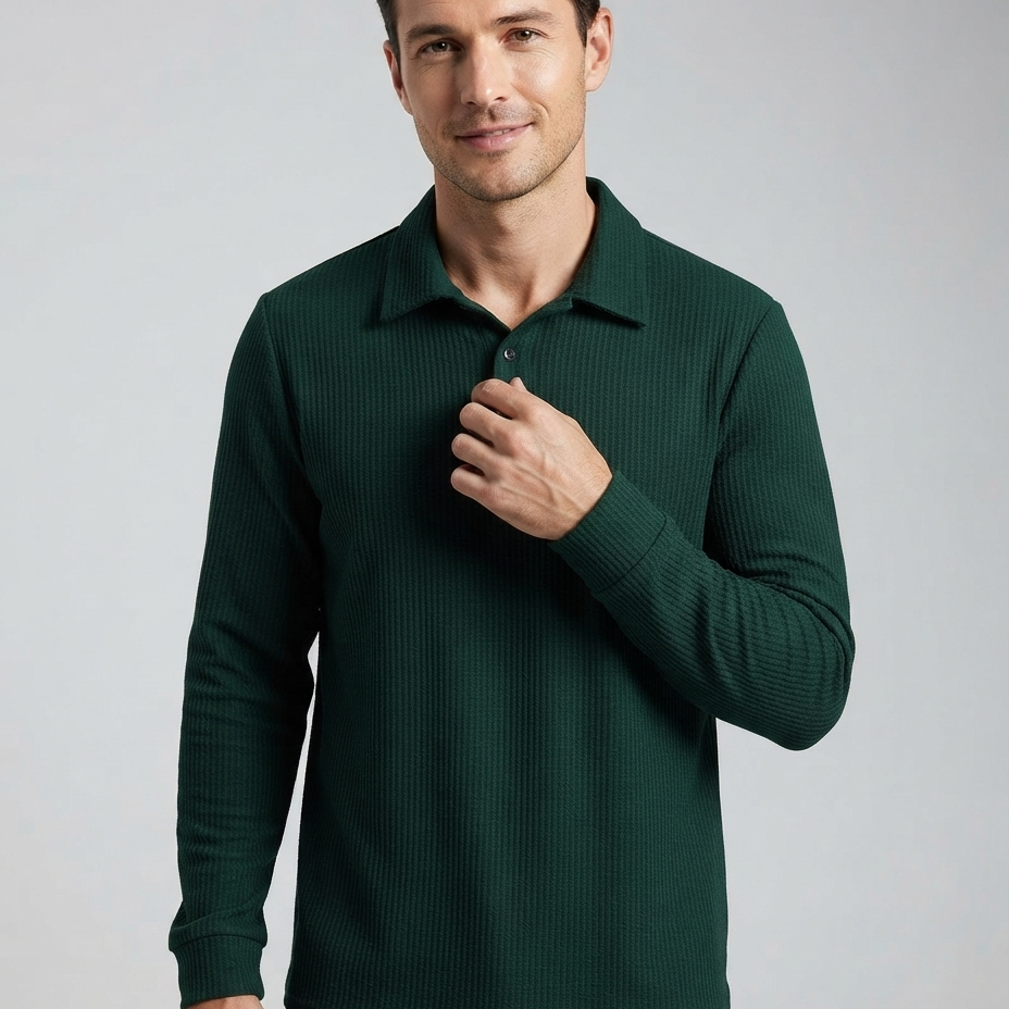Męska koszulka polo z prążkowaną teksturą – Elastyczny krój, długi rękaw, smart casual