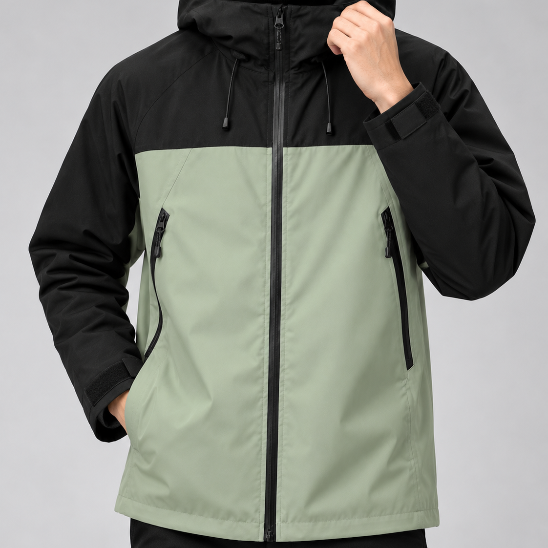 Kurtka Typu Soft-shell  – Regulowany kaptur, wysoki kołnierz i kieszenie na zamek