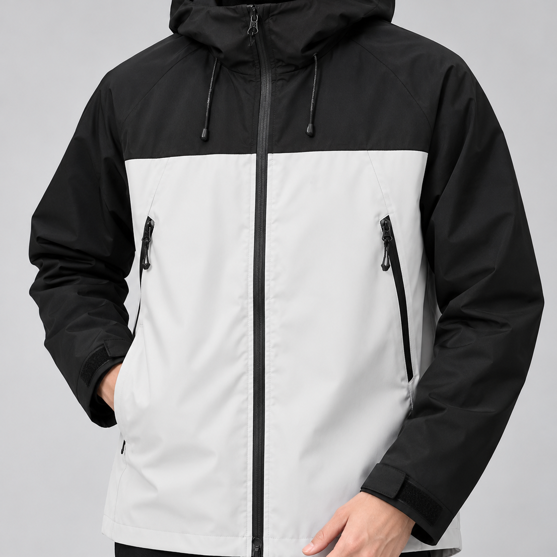 Kurtka Typu Soft-shell  – Regulowany kaptur, wysoki kołnierz i kieszenie na zamek