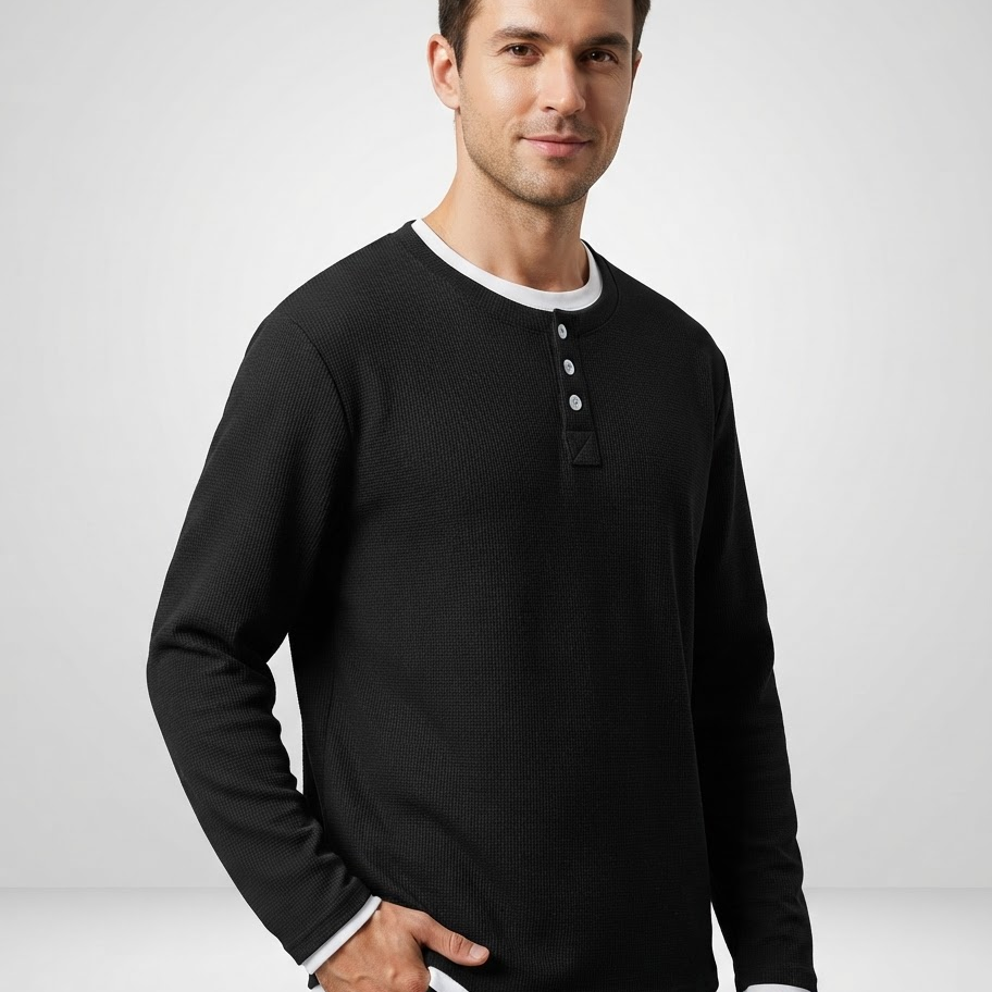 Męski T-shirt Henley Waffle – teksturowany, regularny krój, długi rękaw