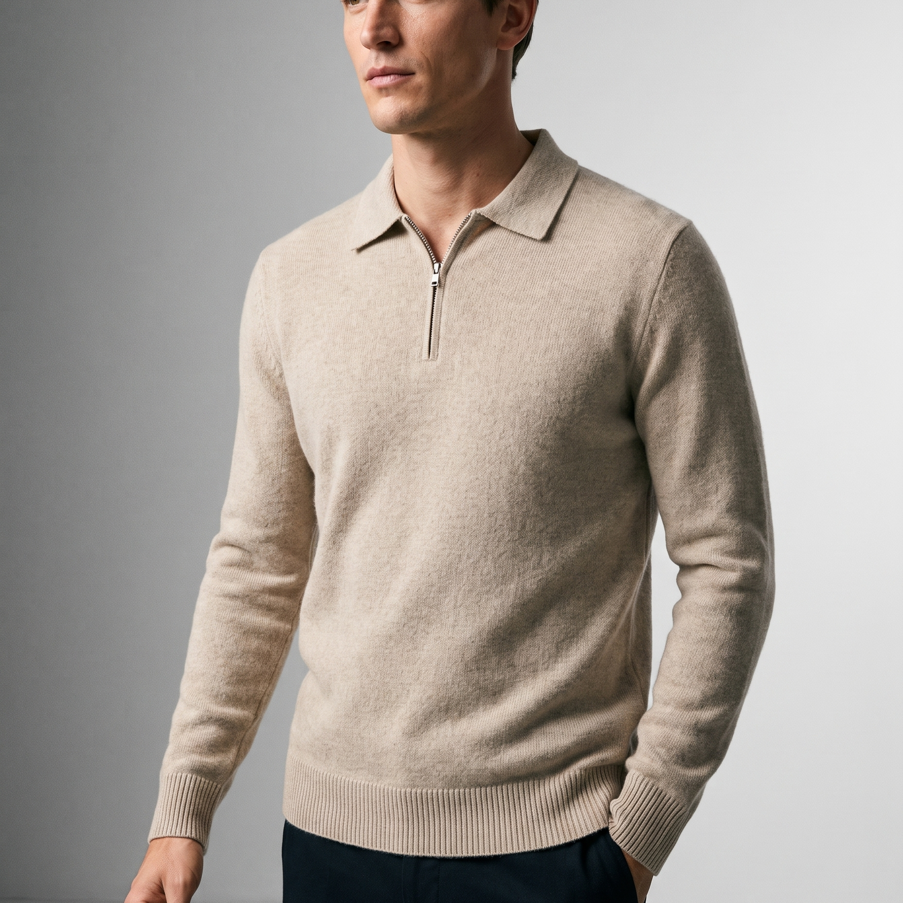 Męski sweter polo – cienka dzianina, kołnierzyk z zamkiem, na jesień i zimę