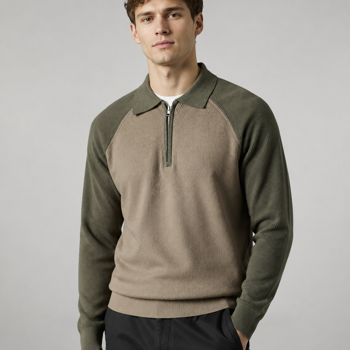 Męski sweter z zamkiem – kołnierz polo, raglanowy krój, styl smart casual