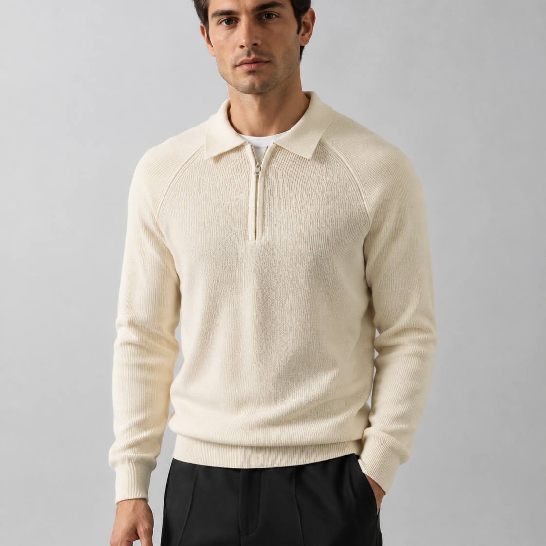 Męski sweter z zamkiem – kołnierz polo, raglanowy krój, styl smart casual