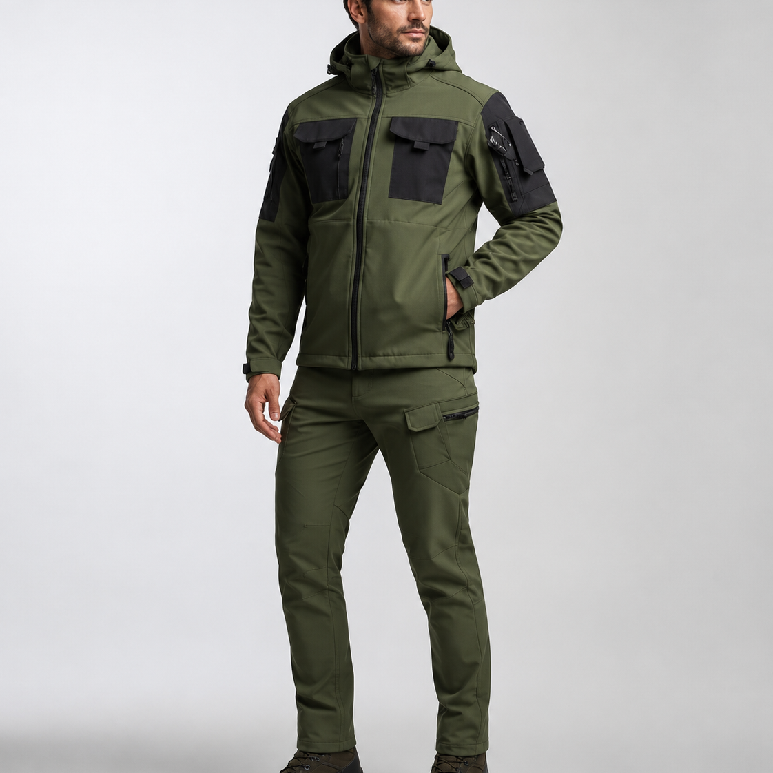 Męski zestaw outdoorowy – softshell, regularny krój, na trekking i aktywność