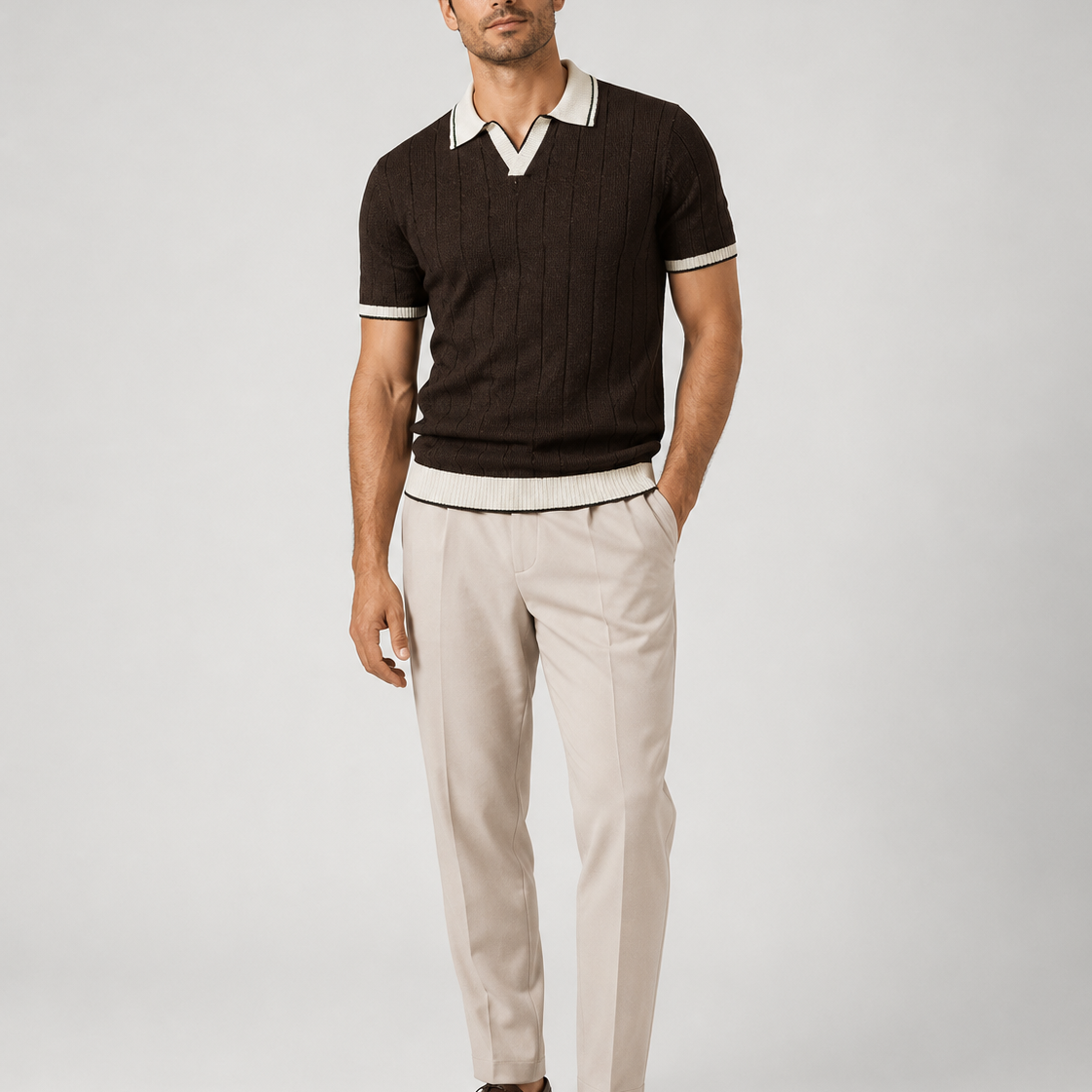 Męski zestaw polo i spodni – prążkowana faktura, krój tapered, smart casual