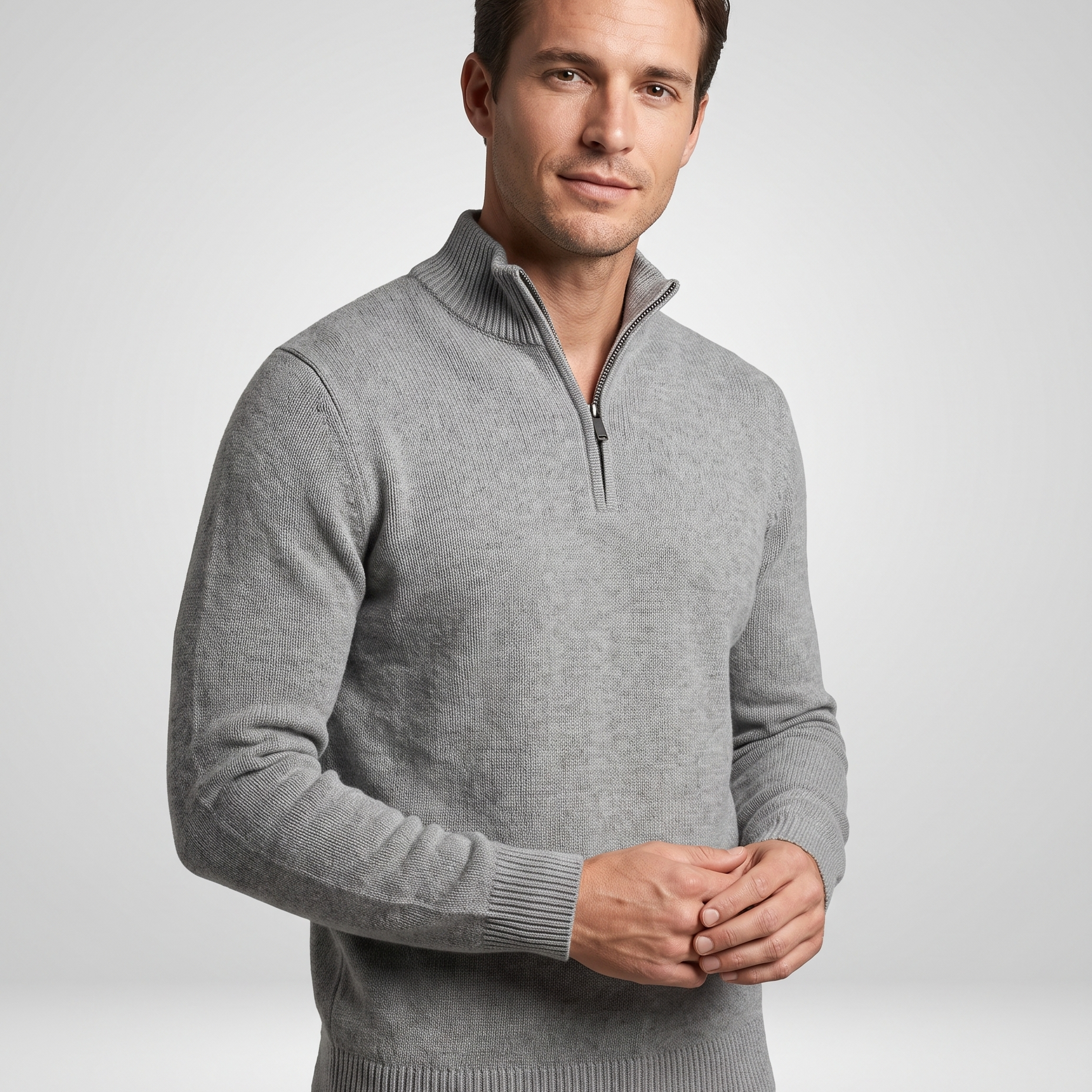 Sweter Męski z Dzianiny – Kołnierz na Stójce, Zamek 1/4, Styl Business Casual
