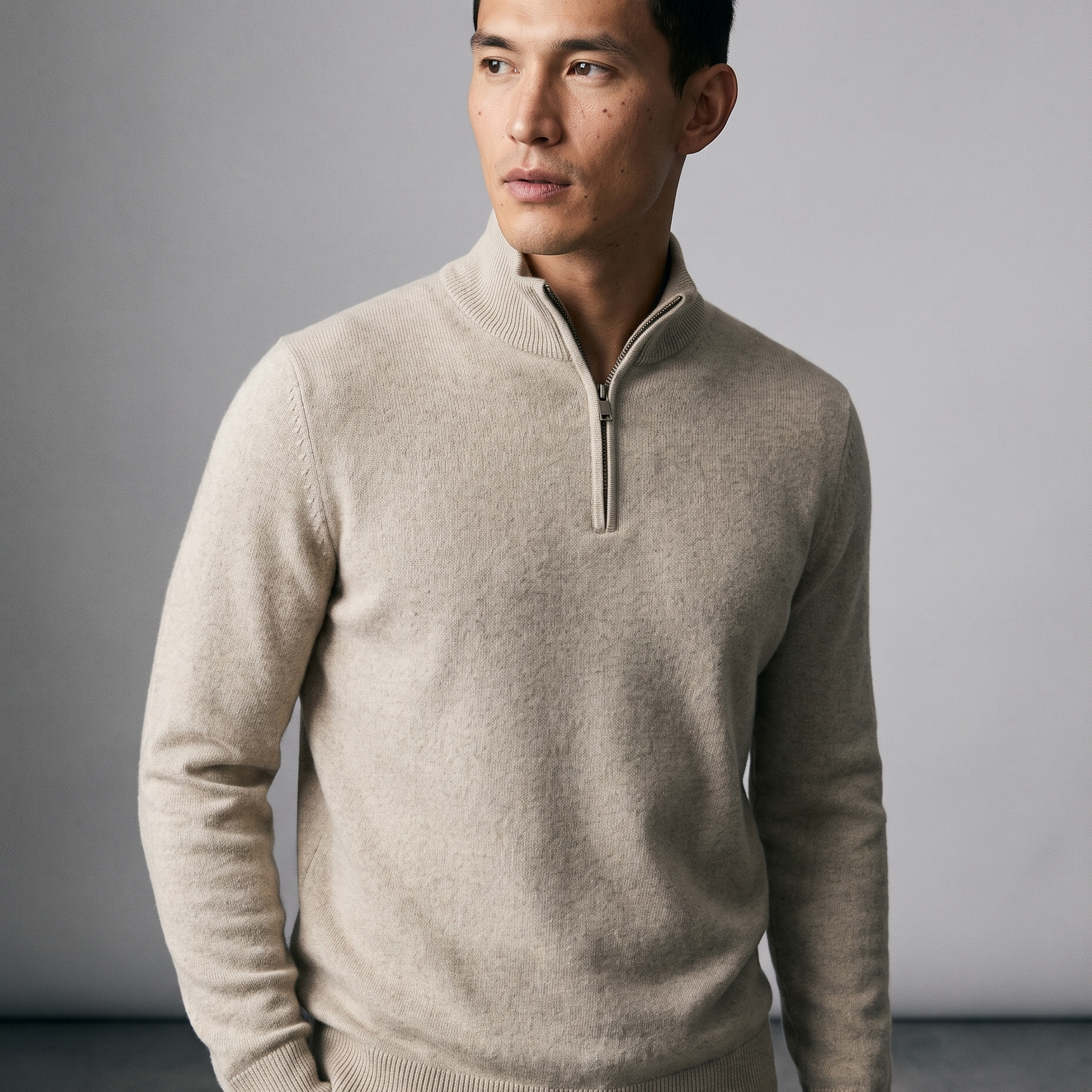 Sweter Męski z Dzianiny – Kołnierz na Stójce, Zamek 1/4, Styl Business Casual