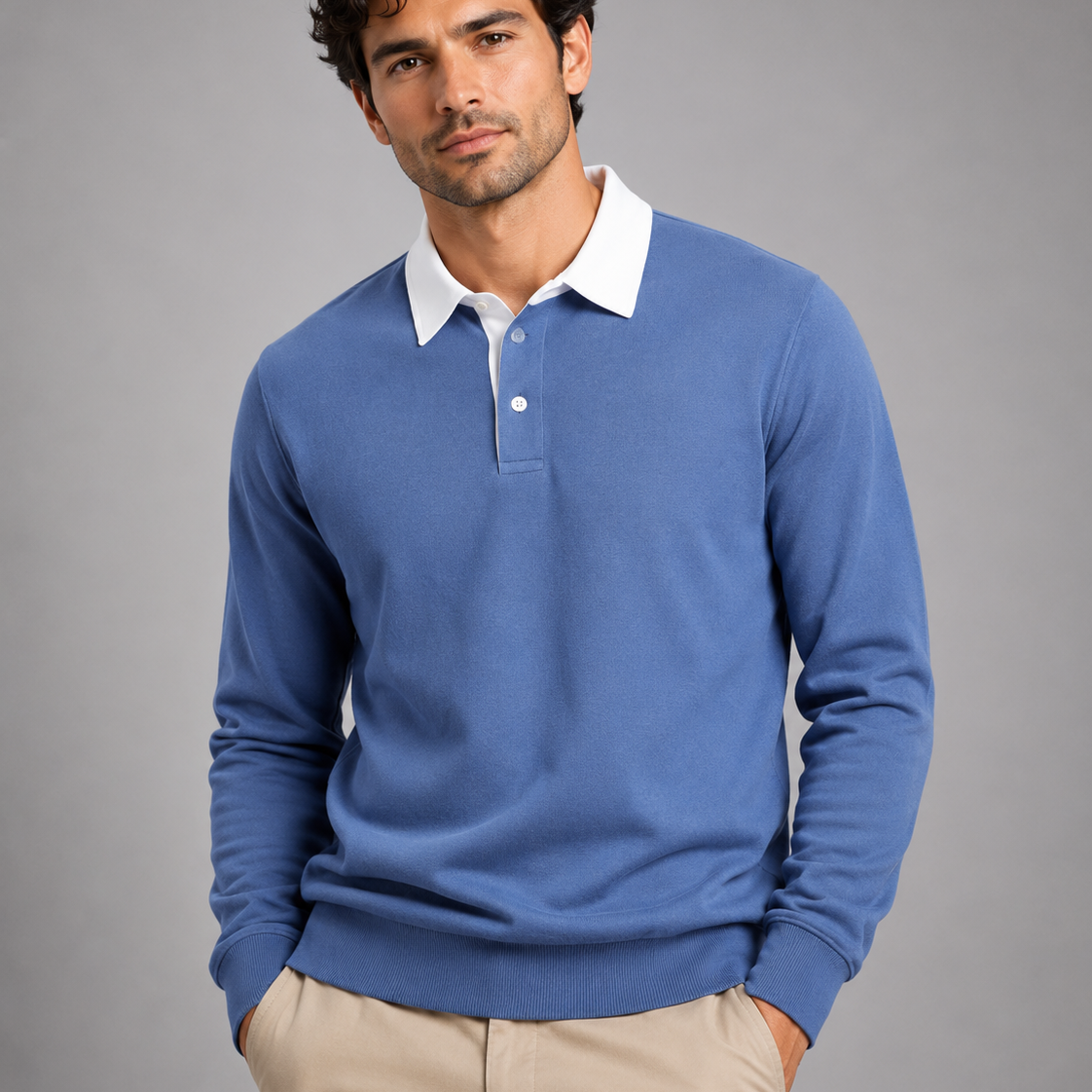 Sweter męski polo – długi rękaw, kołnierzyk polo, uniwersalny styl casualowy