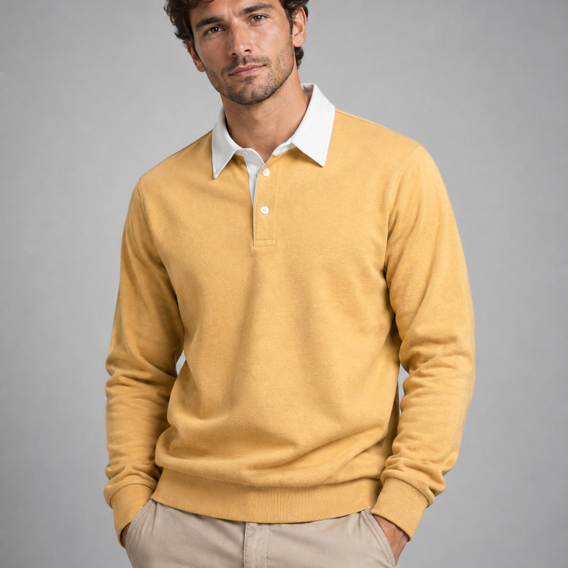 Sweter męski polo – długi rękaw, kołnierzyk polo, uniwersalny styl casualowy