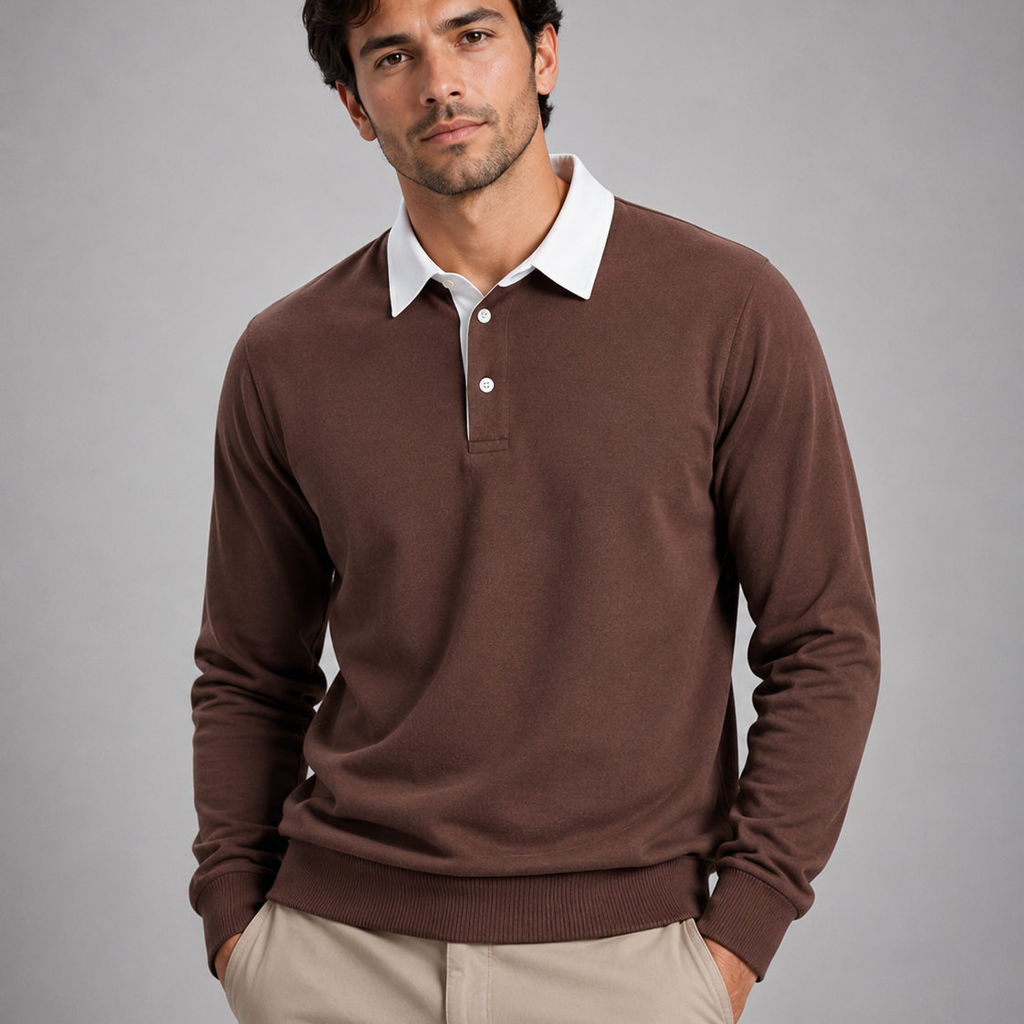 Sweter męski polo – długi rękaw, kołnierzyk polo, uniwersalny styl casualowy