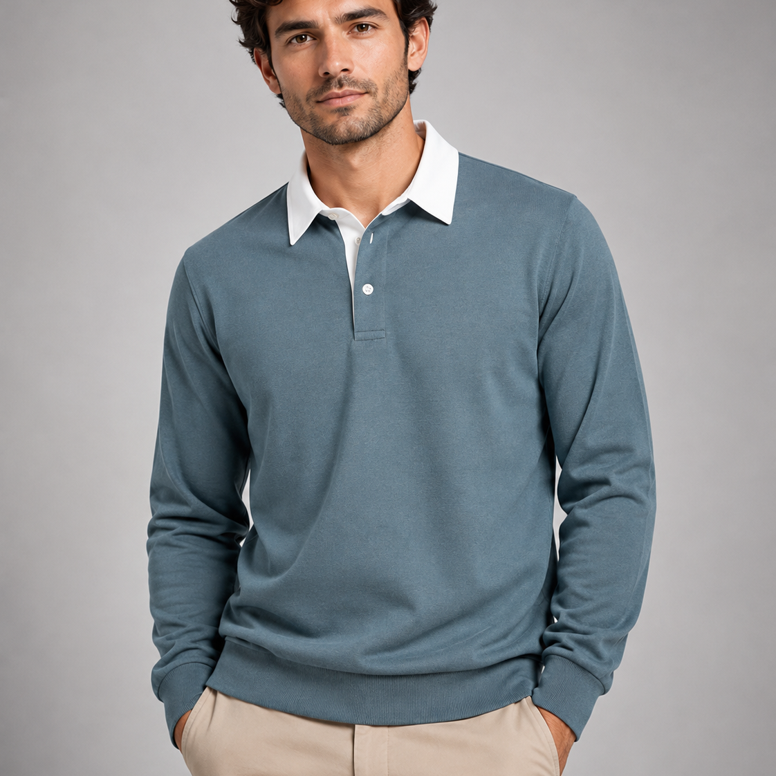 Sweter męski polo – długi rękaw, kołnierzyk polo, uniwersalny styl casualowy