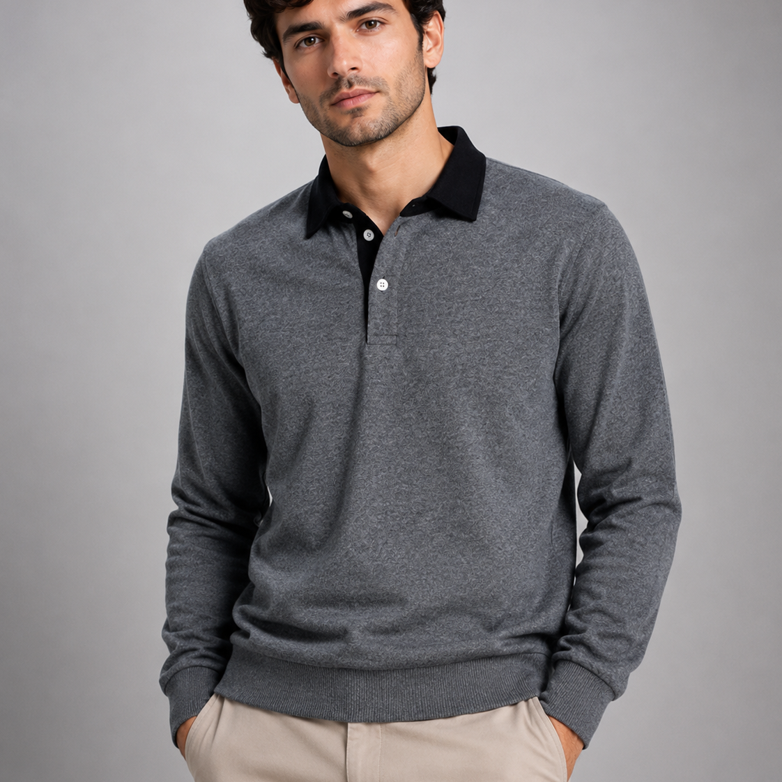 Sweter męski polo – długi rękaw, kołnierzyk polo, uniwersalny styl casualowy