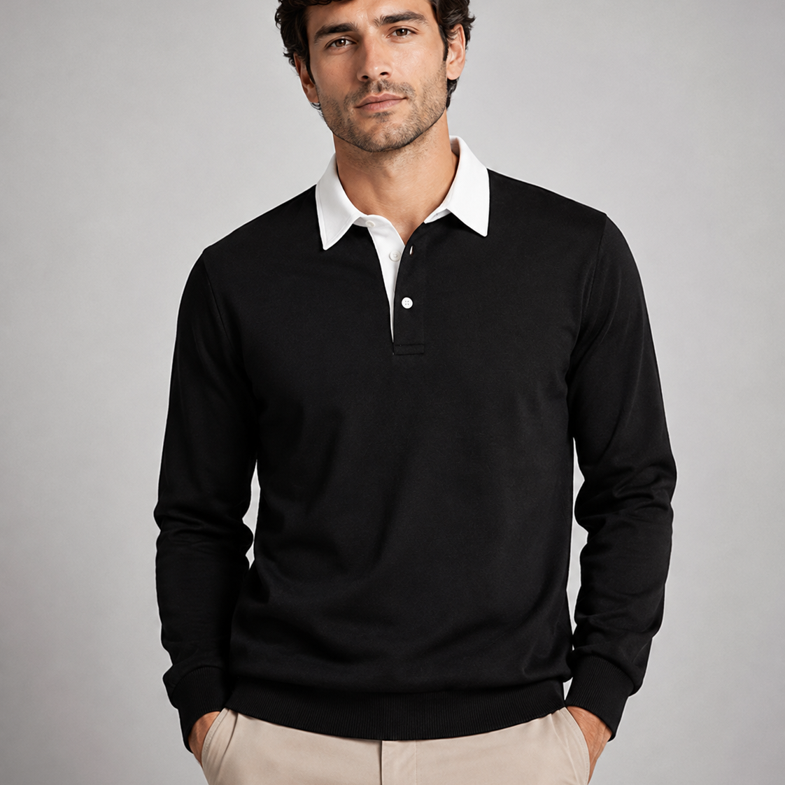 Sweter męski polo – długi rękaw, kołnierzyk polo, uniwersalny styl casualowy