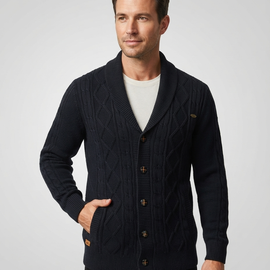 Sweter męski – dzianinowy patchwork, dopasowany krój, na jesień i zimę