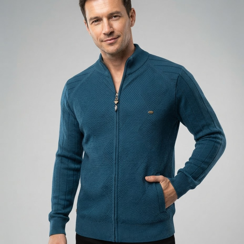 Sweter męski – dzianinowy patchwork, dopasowany krój, na jesień i zimę