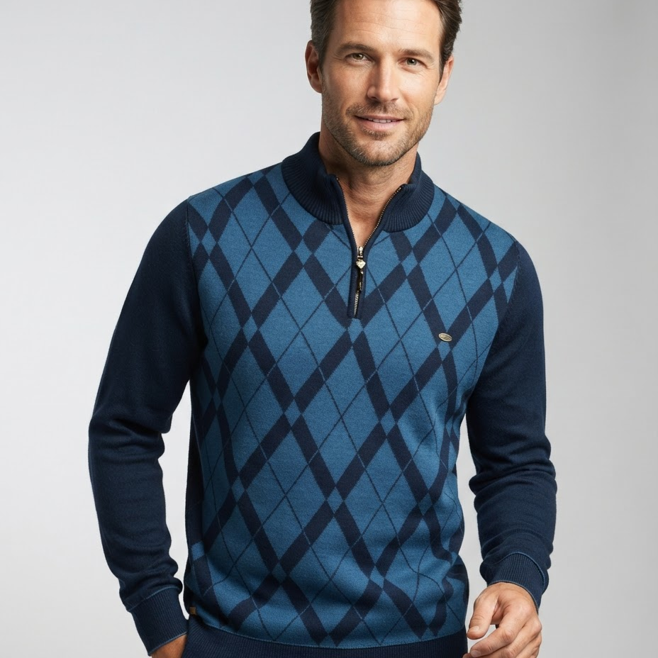 Sweter męski – dzianinowy patchwork, dopasowany krój, na jesień i zimę