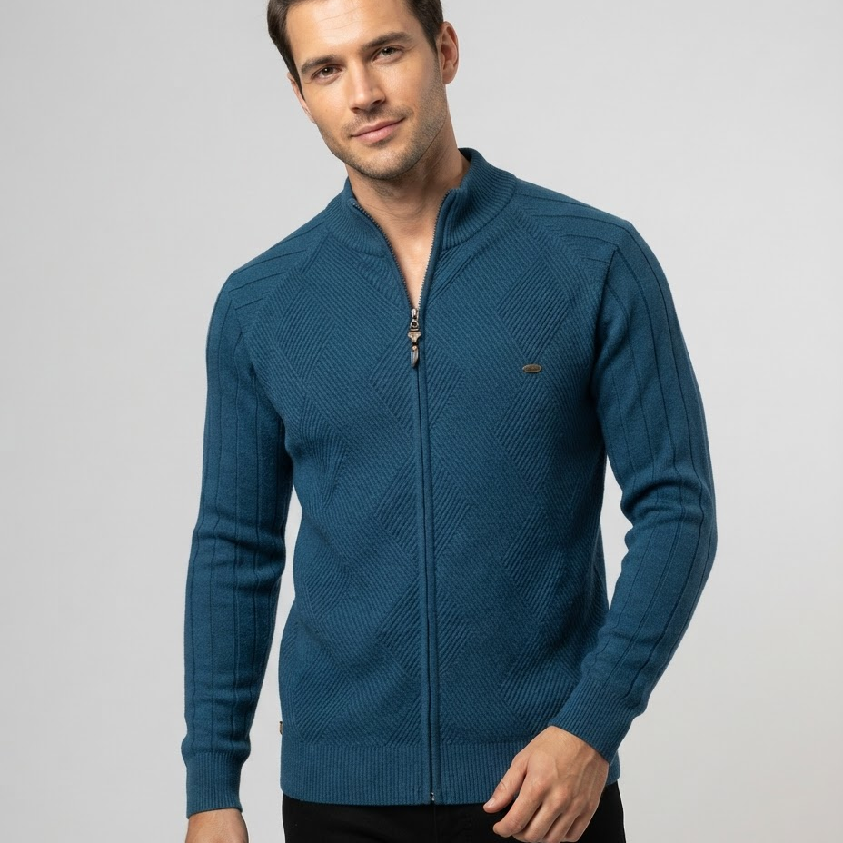 Sweter męski – dzianinowy patchwork, dopasowany krój, na jesień i zimę