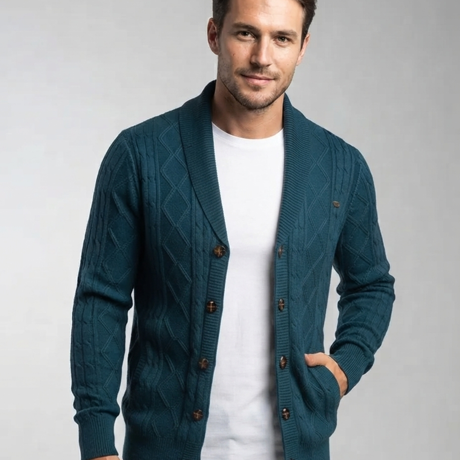 Sweter męski – dzianinowy patchwork, dopasowany krój, na jesień i zimę